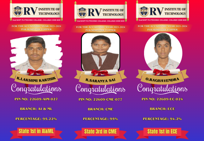 RVIT- Diploma Students State First and Third Ranks